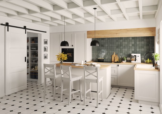 Cocina espaciosa, estilo rústico moderno