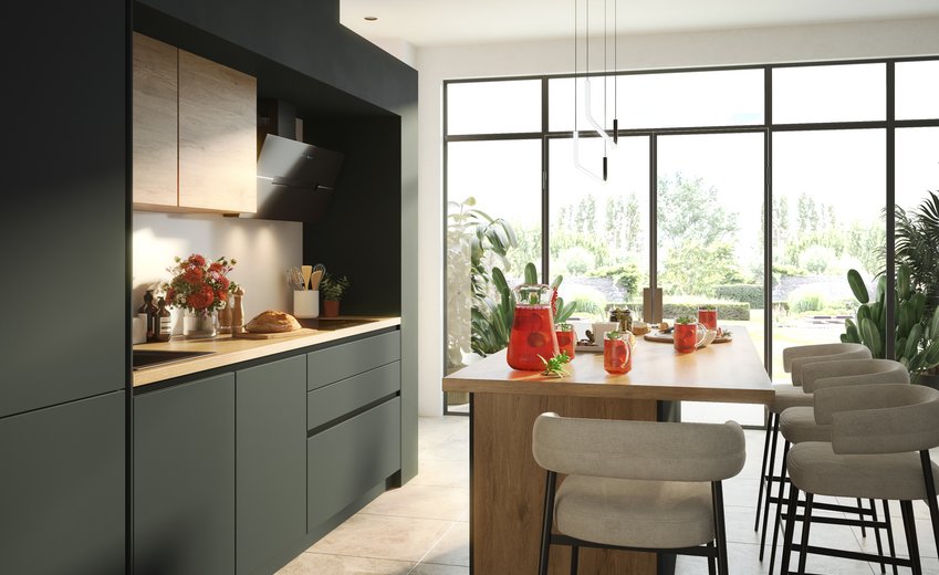 Cocina moderna, bar en cocina, diseño minimalista y elegante